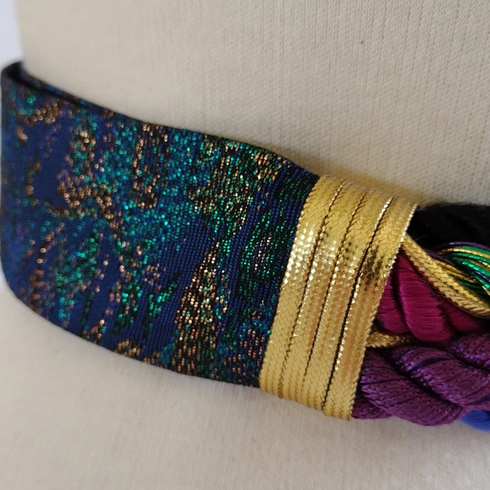 Vintage 80s Ione Jewel-Tone Braided Beaded Adjustable Wide Belt